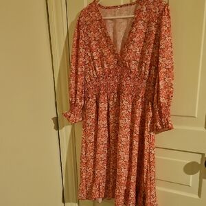 Smocked Waist Long Sleeve Floral Midi Dress in Coral